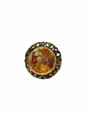 Vintage Courting Couple Porcelain Brooch In Gold Tone Marked Western Germany